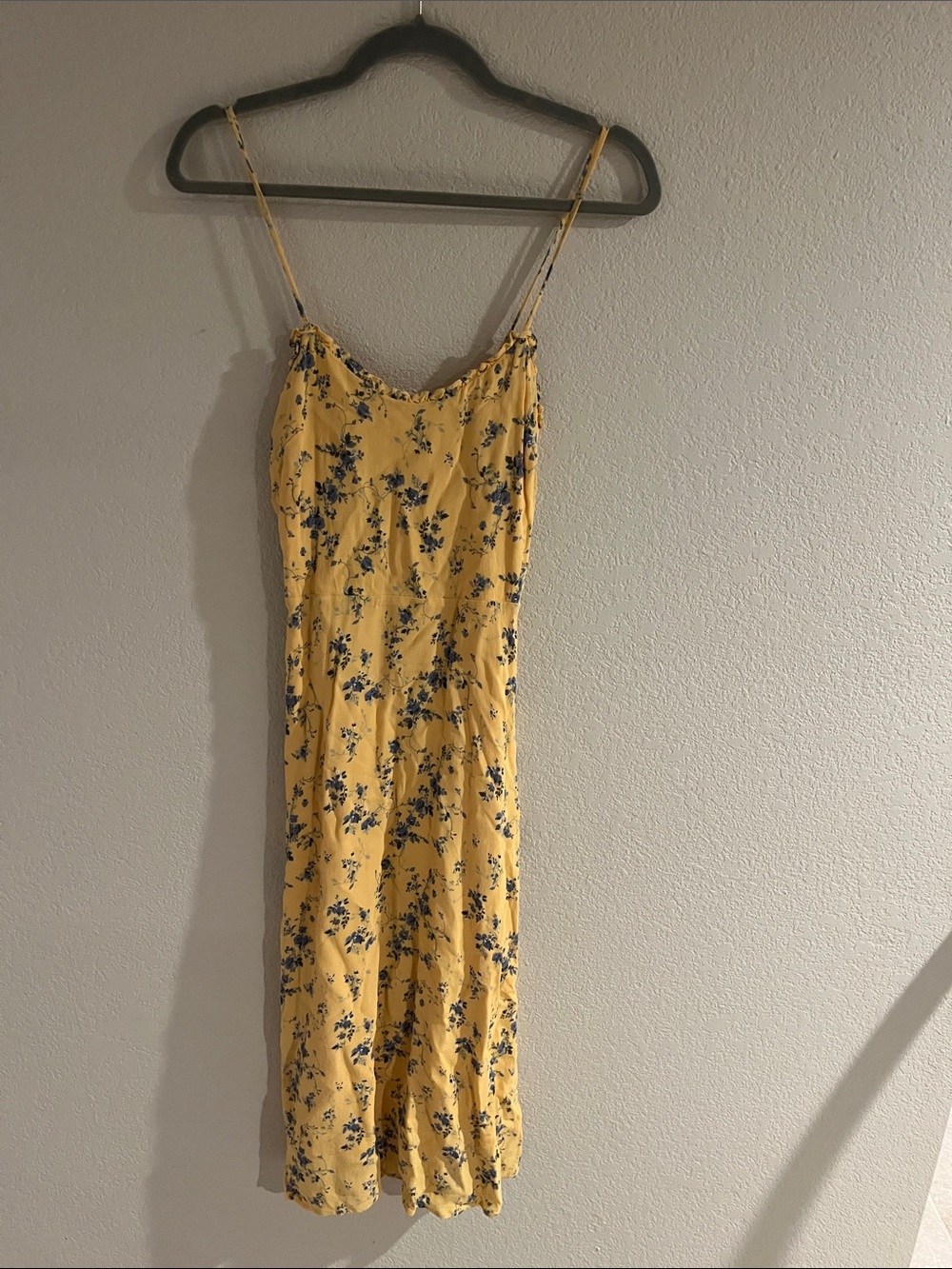 Reformation Yellow Slip Midi Dress with Blue Floral Print